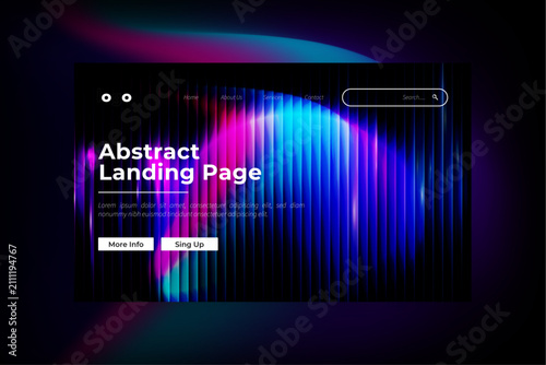 Abstract Wavy Neon Website Landing Page Template with Purple Blue Gradient, Modern Dark UI Landing Page Mockup with Colorful Light Wave Design
