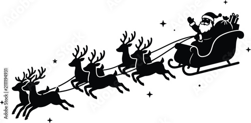 Foto Black silhouette of santa claus riding a sleigh pulled by reindeer