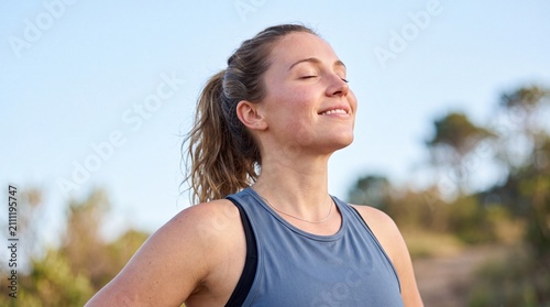 Young woman with a ponytail standing outdoors and taking a deep breath with her eyes closed ad social media download thambnail poster web template event festival 2026 2027 2028