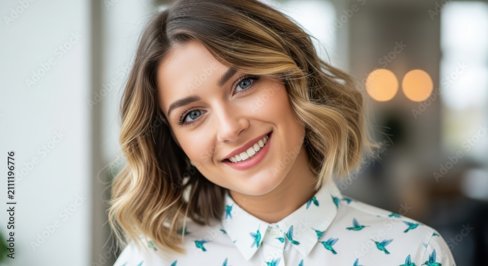 Obraz premium Beautiful Young Woman with Short Wavy Hair Smiling in a Bright Indoor Setting, Wearing a Patterned Shirt