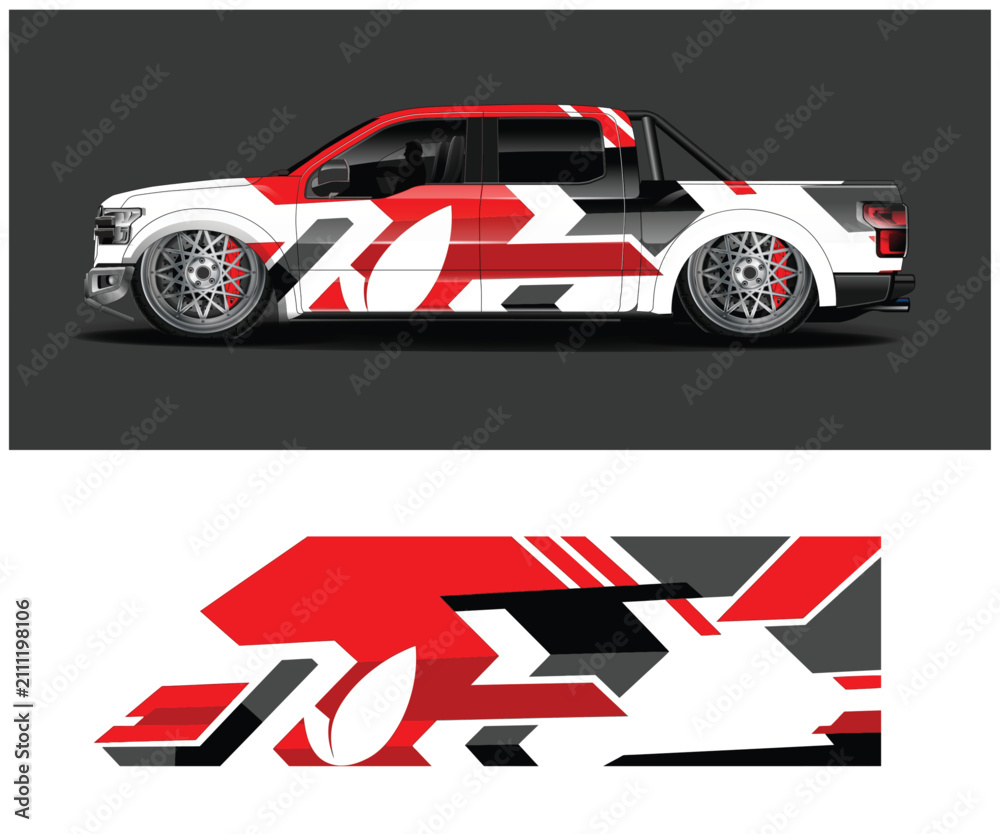 Fototapeta premium Red white and black car decal design with abstract patterns
