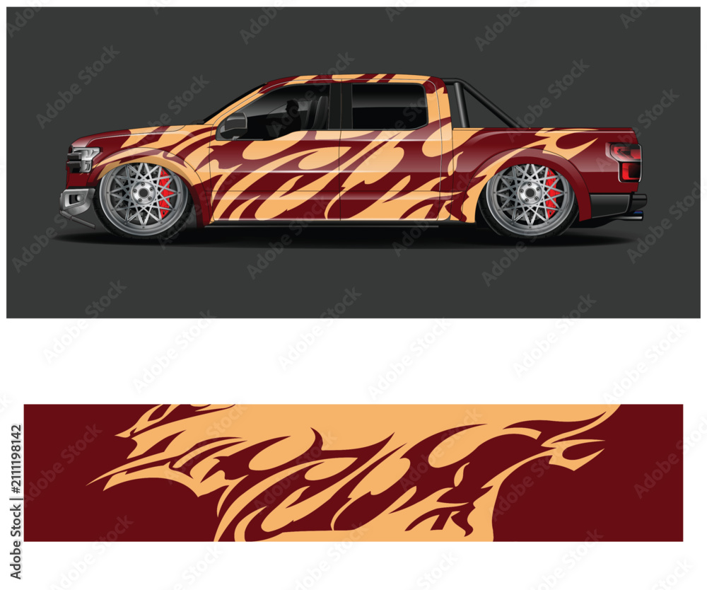 Fototapeta premium Flame design car with matching pattern on dark background