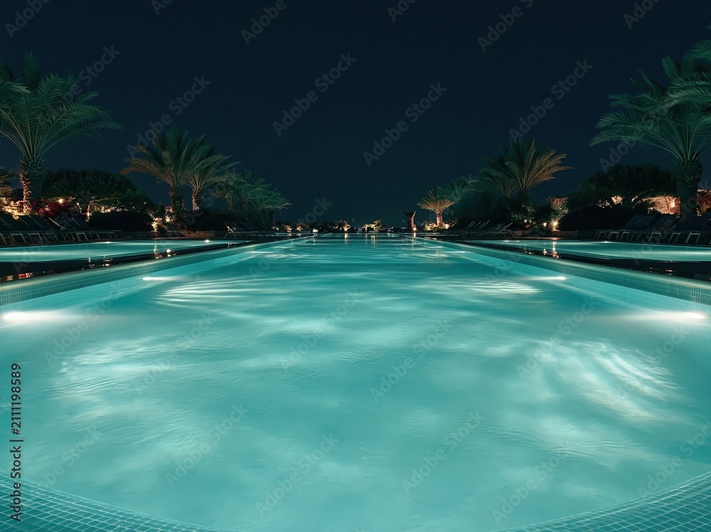 Fototapeta premium Luxurious infinity pool at night with palm trees and ambient lighting