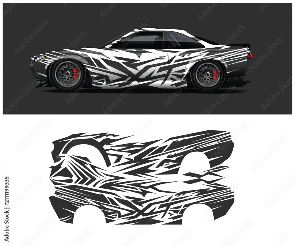 Fototapeta premium Car with unique black and white abstract design decal wrap