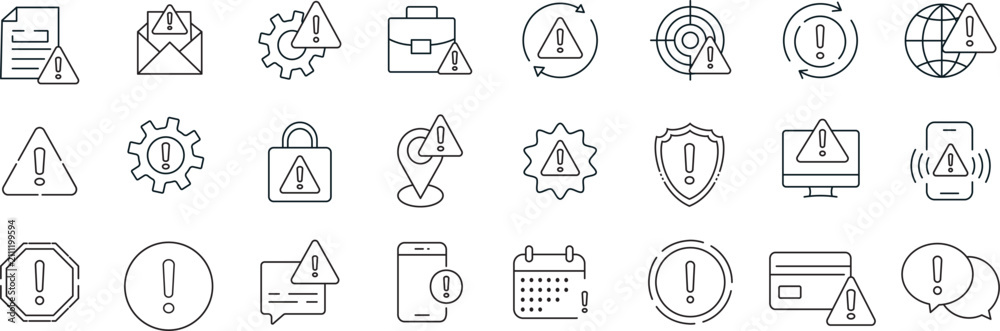 Fototapeta premium Warning alert and exclamation mark line icon set. System error sign and danger caution symbol collection. Security threat notification vector illustration for web and mobile.