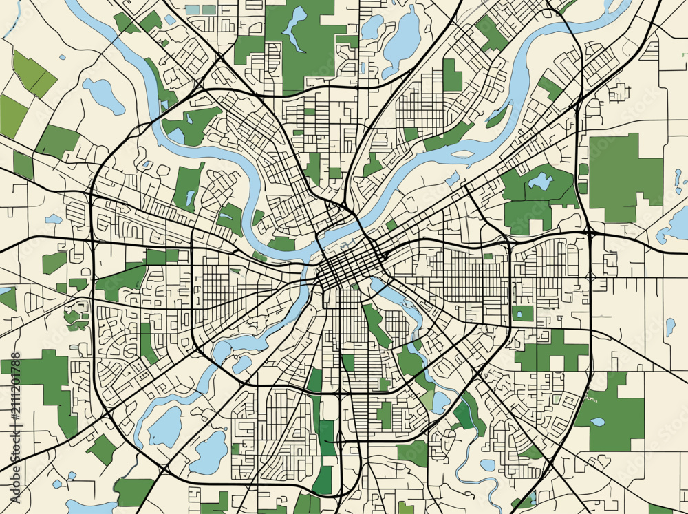 Fototapeta premium Minimalist City Street Map Vector Illustration with River and Parks