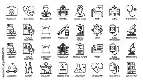 Flat design medical icons set for healthcare apps. Vector monochrome hospital symbols and clinic infographics in grid layout.
