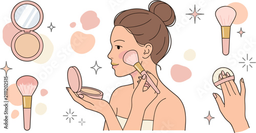 Bild auf Leinwand Beautiful young woman applying face powder blush with makeup brush compact mirro
