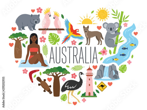 Photography Australia Icons Heart Shape Vector Illustration - Australian Wildlife and Landma