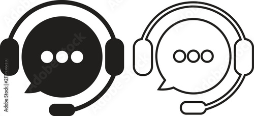 Customer service support bot vectors icons set. Smiling agent face wearing headset inside speech bubbles in black flat and line styles for online chat helpline isolated on transparent background.