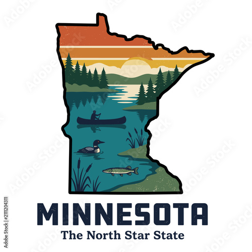 Minnesota state map outline featuring outdoors lake scene