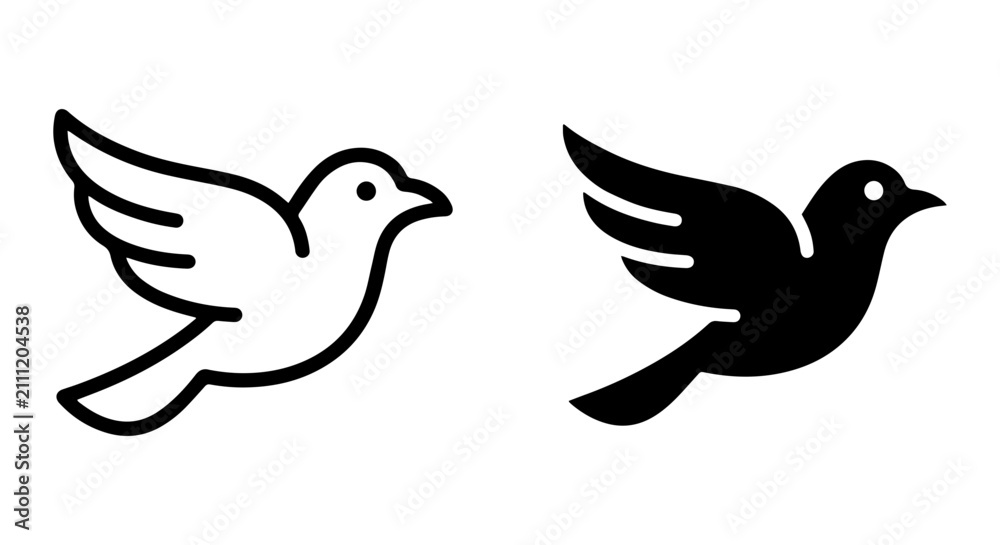 Fototapeta premium Simple Flying Dove Icons, Outline and Silhouette Vector Graphics, Peace Symbol, Freedom Concept