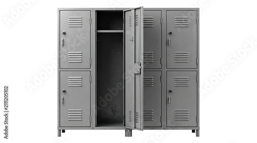 Old metal locker cabinet with open door on transparent background ideal for school or gym storage concepts.