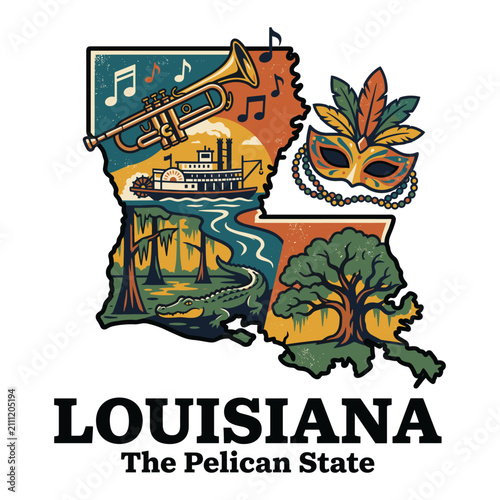 Louisiana state map vintage illustration with cultural elements