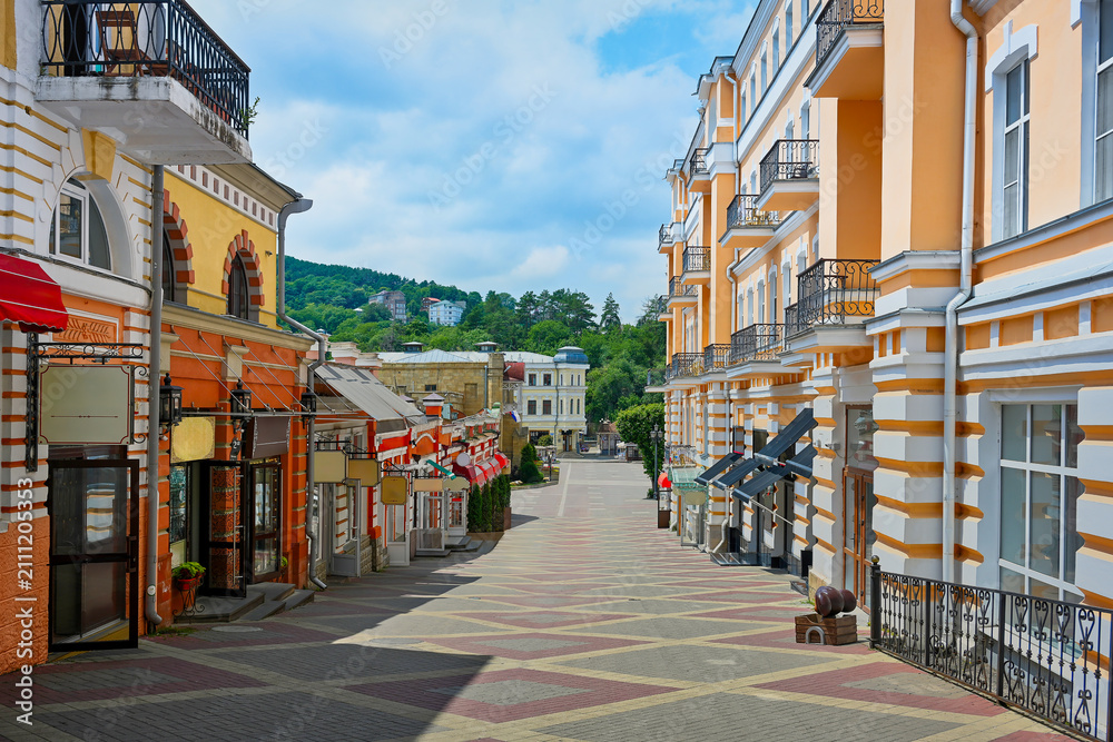 Fototapeta premium Empty Karl Marx Avenue in Kislovodsk on a summer morning, Stavropol region of Russia