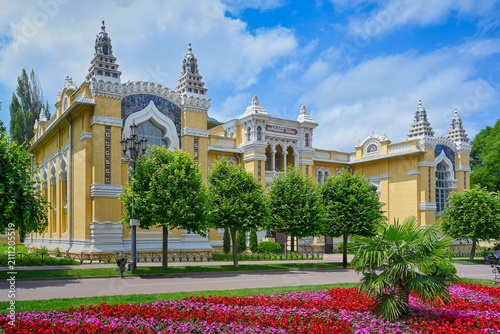 Bright flower bed near the Main Narzan Baths on Kurortny Boulevard in Kislovodsk, Stavropol region of Russia
