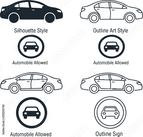 Car line art and silhouette icon set for automobile allowed traffic signs