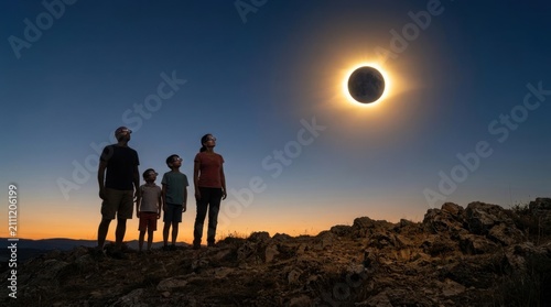 Family watching total solar eclipse on rocky hill