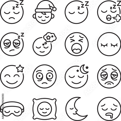 Fotografía Set of sleeping and tired face icons in outline style