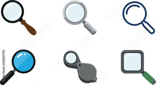 Magnifying Glass Icon Set Featuring Loupes, Square Lenses, and Zoom Symbols for Search Interface Designs, Research Concepts, and Investigation Vector Visuals