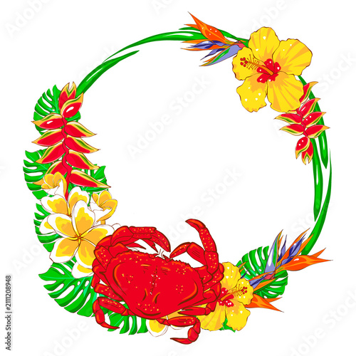 Tropical wreath with red crab, hibiscus, plumeria, bird of paradise and monstera leaves in flat style. Elegant hand drawn design for invitations, cards, branding, packaging and summer decor.