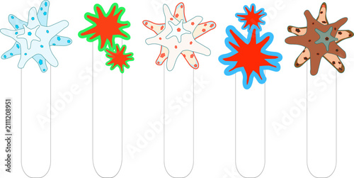 Bookmarks with abstract shapes, stars, or sea corals of different colors on a transparent background. Vector.