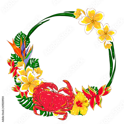 Tropical wreath with red crab, hibiscus, plumeria, bird of paradise and monstera leaves in flat style. Elegant hand drawn design for invitations, cards, branding, packaging and summer decor.
