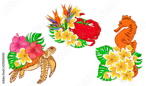 Set of summer tropical composition with sea horse, crab, turtle and exotic flowers and leaves. Hand drawn illustrations in flat style. Perfect for summer prints and decor.