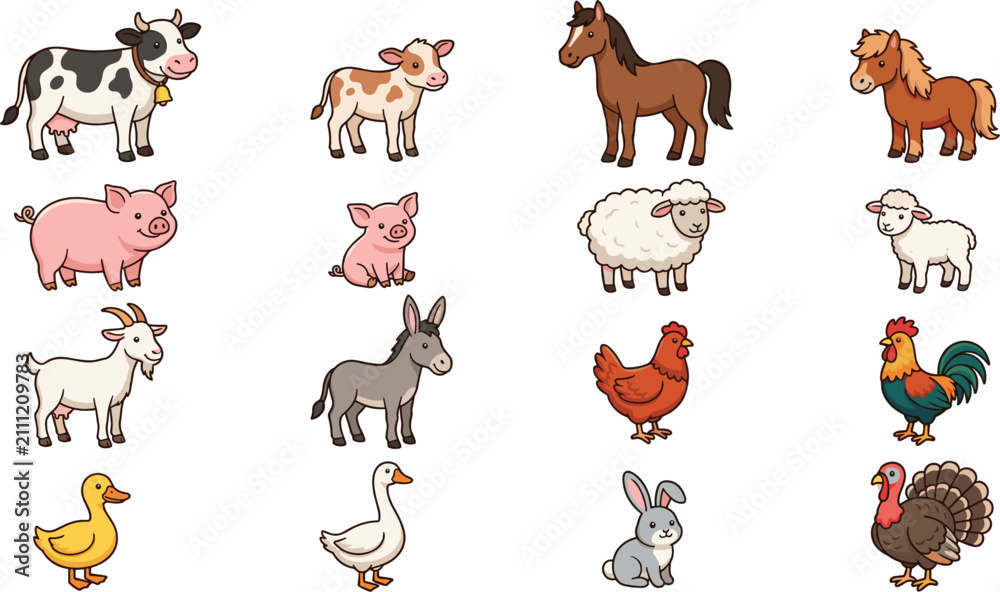 Fototapeta premium Cute cartoon farm animal vector illustration collection featuring cow, horse, pig, sheep, goat, and poultry