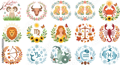 Bild auf Leinwand Four seasons zodiac signs vector element set with floral wreaths seasonal leaves