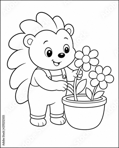 Vertical children's coloring illustration with adorable hedgehog tending potted flowers, playful educational activity for kids, printable home learning resource