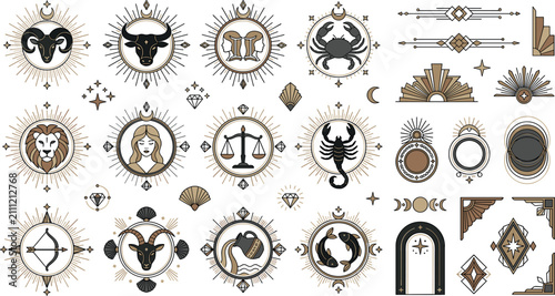 Foto Art deco zodiac signs vector element set with celestial astrology symbols mystic
