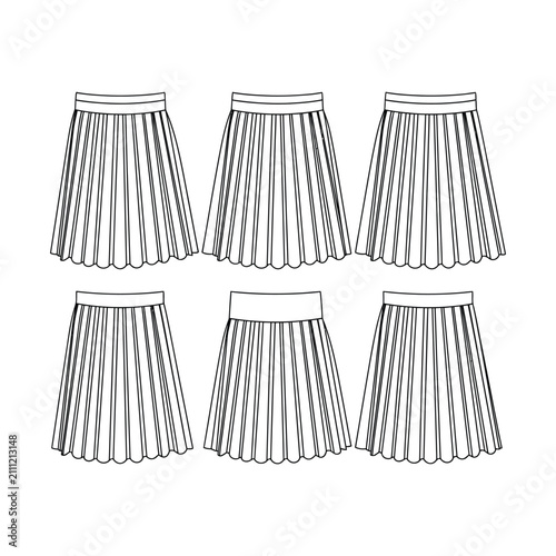 Photography Six black and white line art illustrations of pleated skirts with various waistbands and scalloped hems, presented as fashion design templates