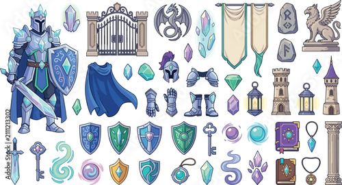 Fotografie Fantasy magic knight vector element set with crystal armor swords shields wizard