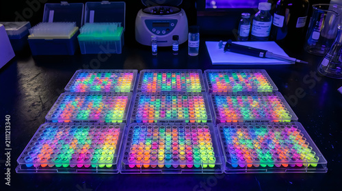 Multi-well plates for DNA testing. Fluorescent samples in a laboratory research setting.