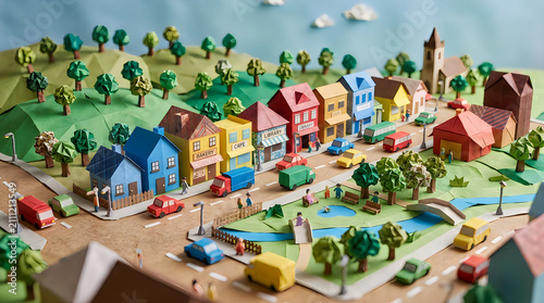 Origami paper town with colorful houses and cars. Miniature city model made of folded paper.