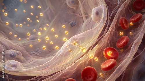 Oxygen molecules passing through cell membrane. Microscopic view of gas exchange in blood.