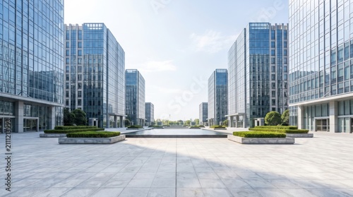 Modern glass skyscrapers in business district. Corporate office buildings in city center.