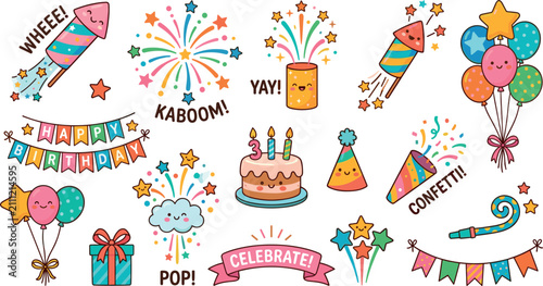 Canvas Print Cute kawaii birthday party celebration sticker vector set with fireworks rocket