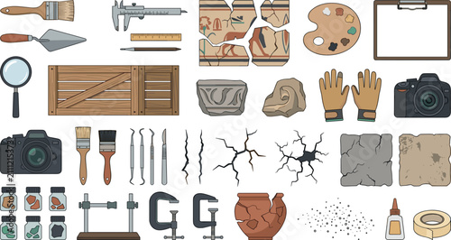 Quadro su tela Archaeological excavation and artifact restoration vector elements set featuring