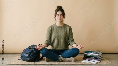 A young woman sits in a meditative pose on a woven rug. She is wearing a green sweater and blue jeans.