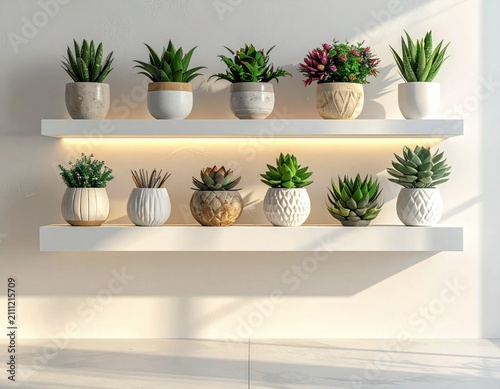 diverse collection of potted succulents and cacti on two wooden shelves, modern interior decor, home gardening, botanical indoor plant display