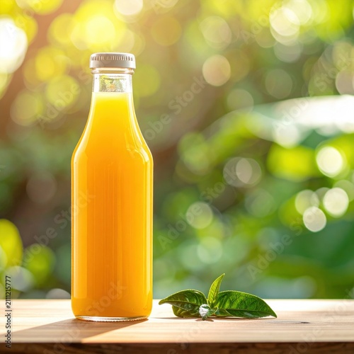 Glass bottle of fresh orange juice with green leaves on wooden table outdoors, natural sunlight, healthy lifestyle and vitamin refreshment