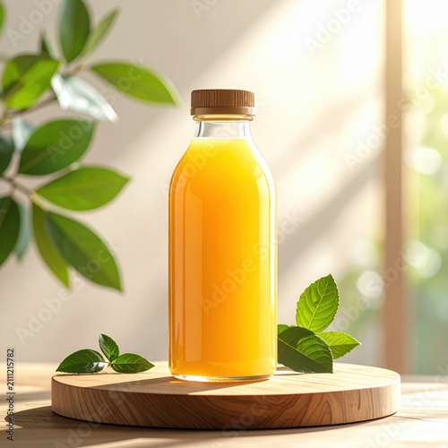 Fresh orange juice in a glass bottle on a wooden coaster with green leaves, healthy beverage, vitamin c, breakfast drink, refreshment