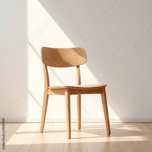 Modern wooden dining chair with curved backrest in a sunlit room, interior design, furniture photography, home decor