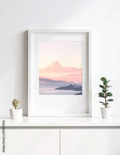 Pixel art mountain landscape poster in a white frame, coastal view, serene sunrise, home decor, interior design, digital illustration