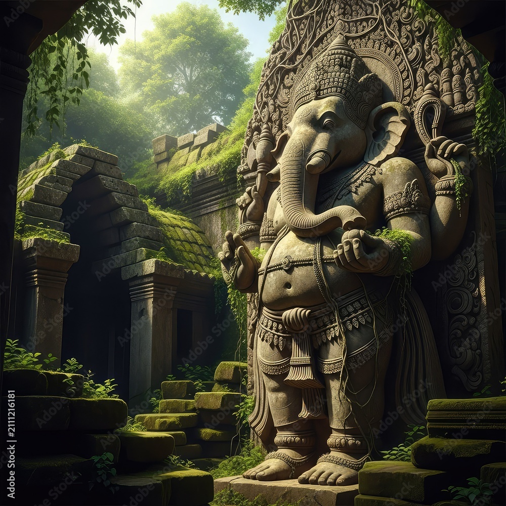 Obraz premium A massive weathered stone sculpture of the elephant-headed deity stands majestically amidst overgrown jungle ruins under soft ambient light, spiritual, architecture, nature