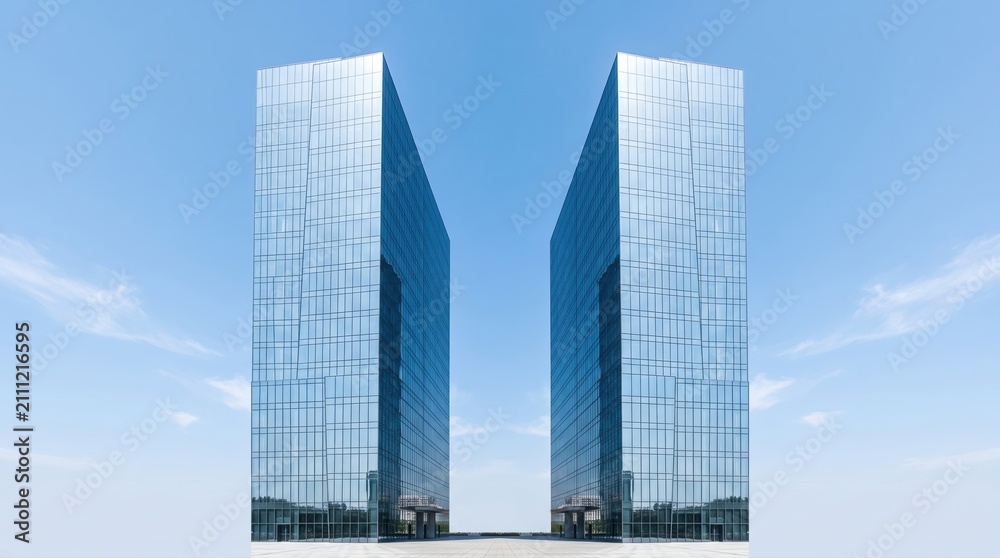 Obraz premium Modern glass skyscrapers against blue sky. Futuristic office buildings with reflective facade.