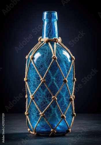 An ancient blue glass bottle featuring intricate cracks and weathered texture is wrapped in a rustic rope net against a deep dark backdrop, twine, background, beachcomber