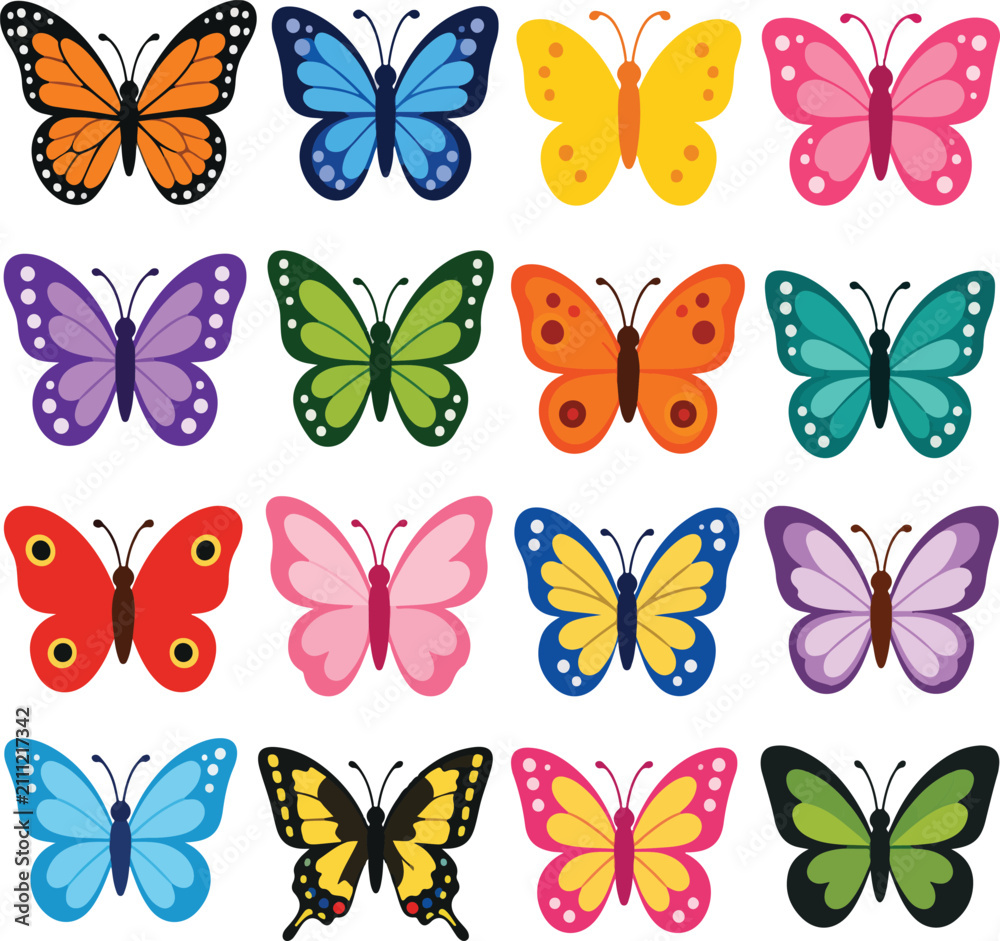 Naklejka premium Colorful butterfly flat vector illustration collection featuring various butterfly species with vibrant wings for nature, spring, garden and educational design isolated on white background